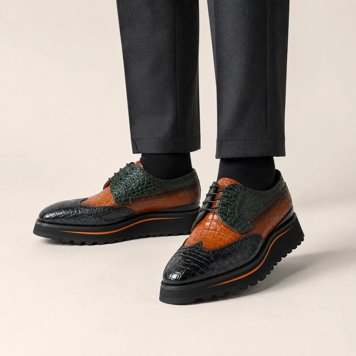 Genuine Crocodile Leather Handmade Grey Brown Brogue Shoes