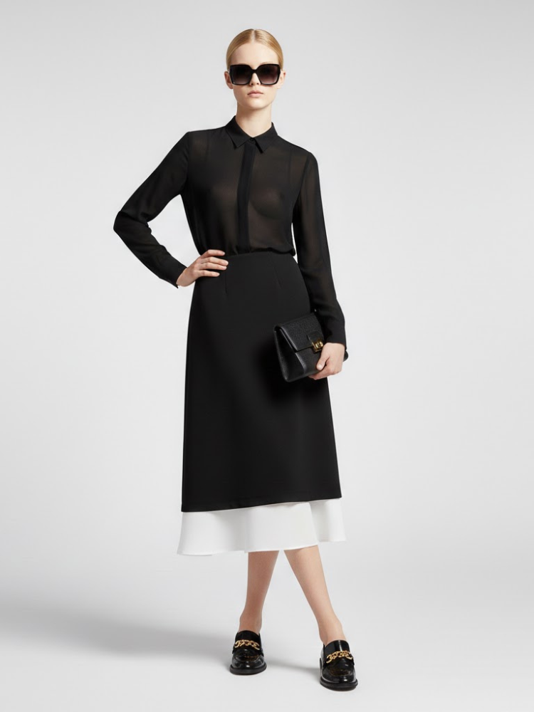Two-Tone Black and White Midi Skirt with Double-Layer Design • BYMANYC ® New York