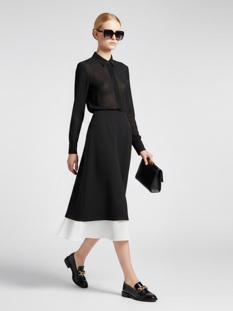 Two-Tone Black and White Midi Skirt with Double-Layer Design • BYMANYC ® New York