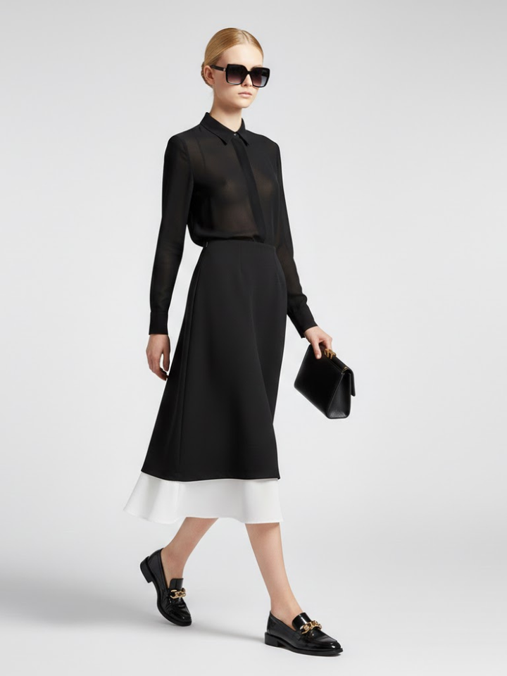 Two-Tone Black and White Midi Skirt with Double-Layer Design • BYMANYC ® New York
