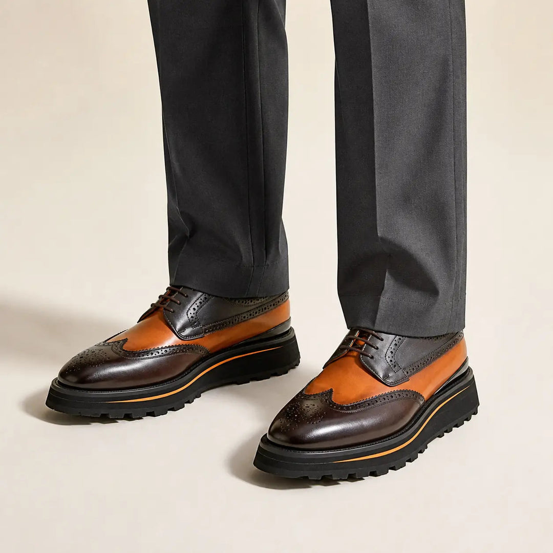 Thick-soled calfskin formal brogue derby shoes Blue
