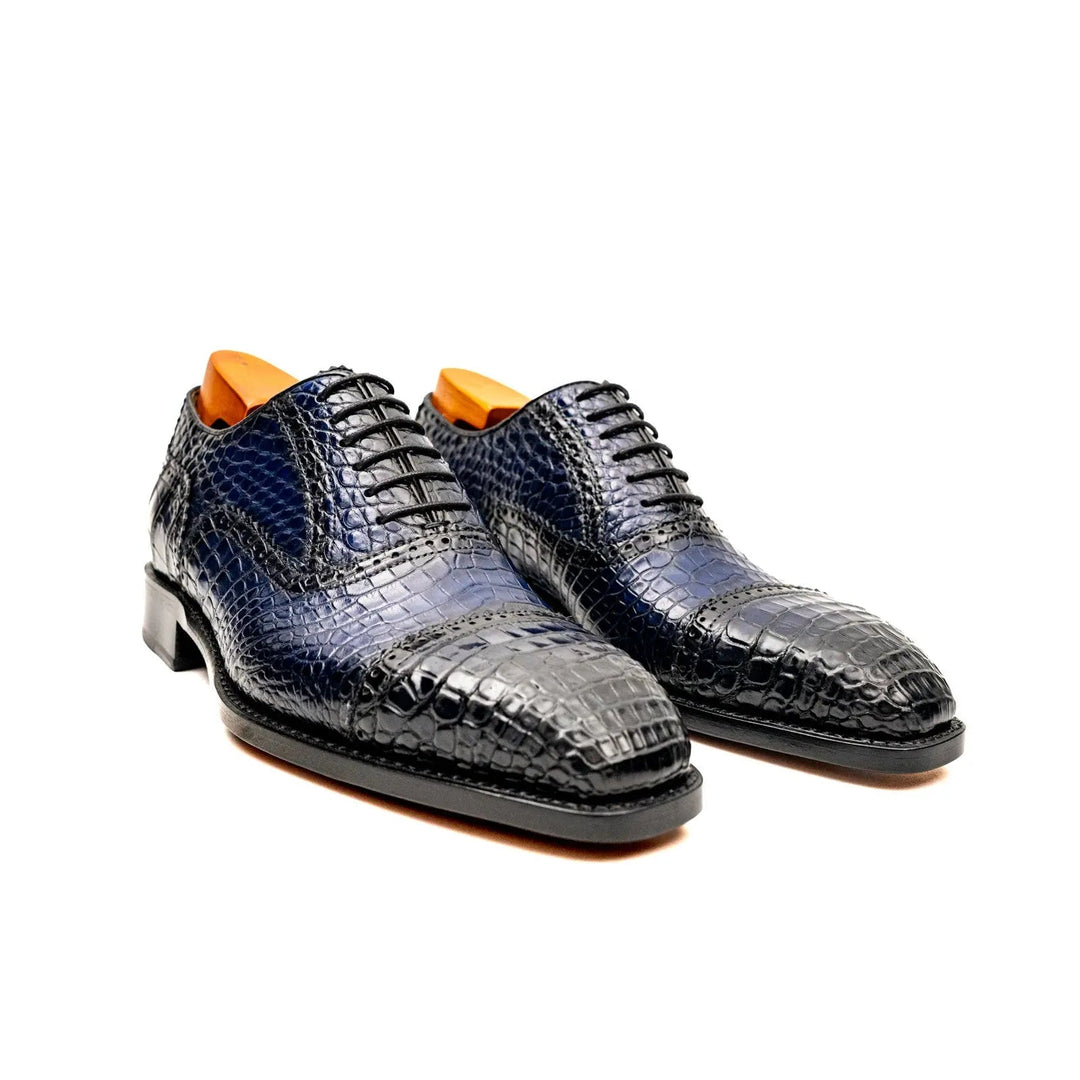 Blue Cap-Toe Crocodile Leather Oxford Shoes