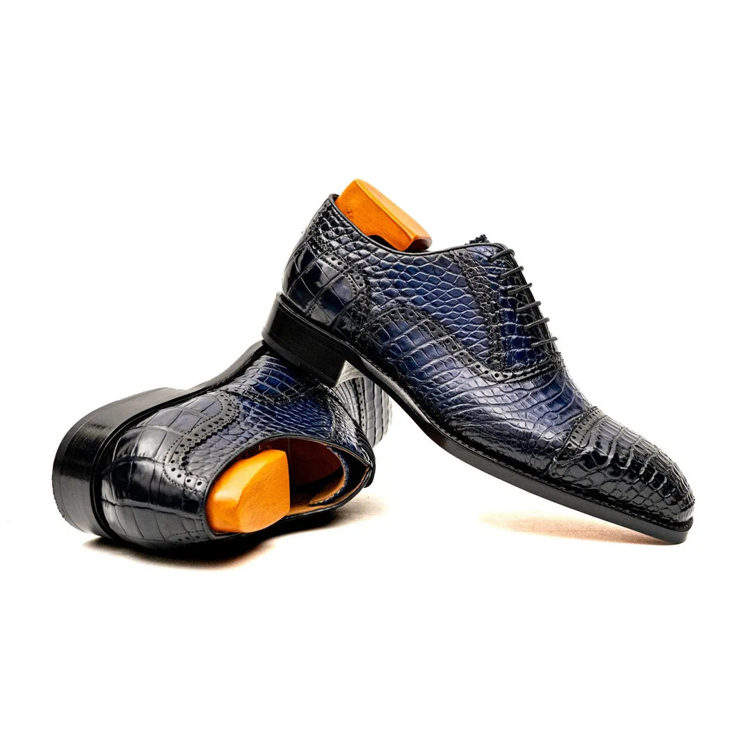 Blue Cap-Toe Crocodile Leather Oxford Shoes