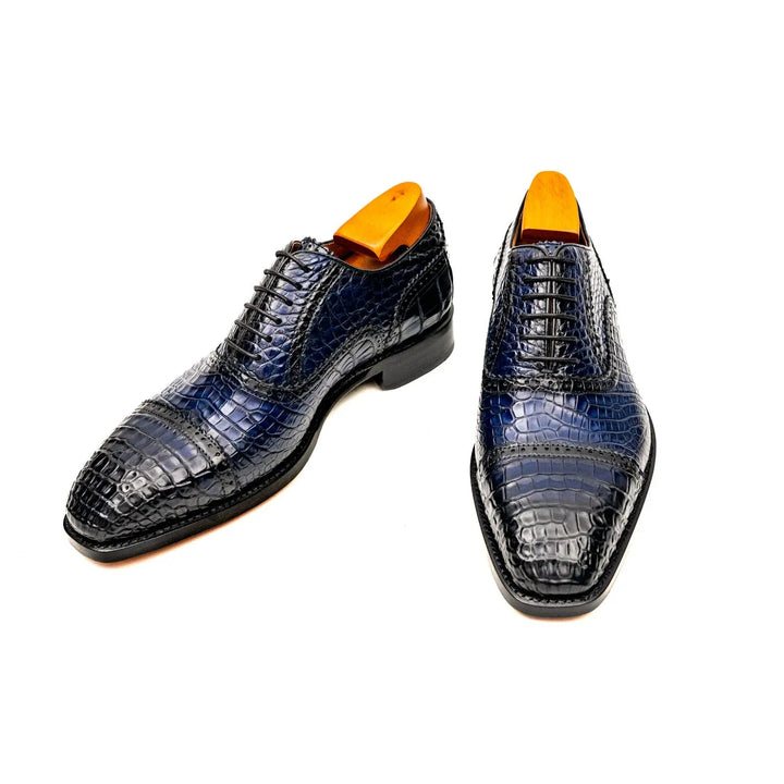 Blue Cap-Toe Crocodile Leather Oxford Shoes