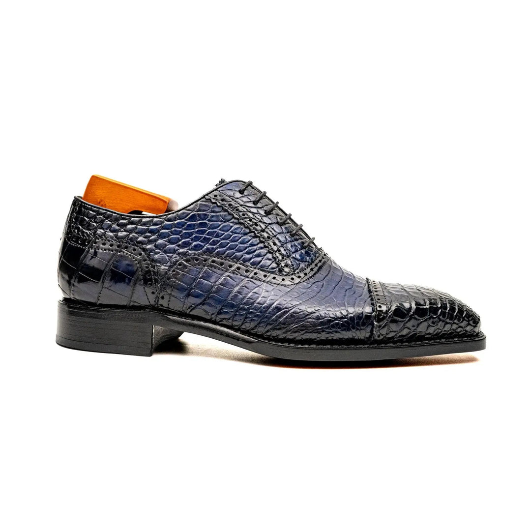 Blue Cap-Toe Crocodile Leather Oxford Shoes