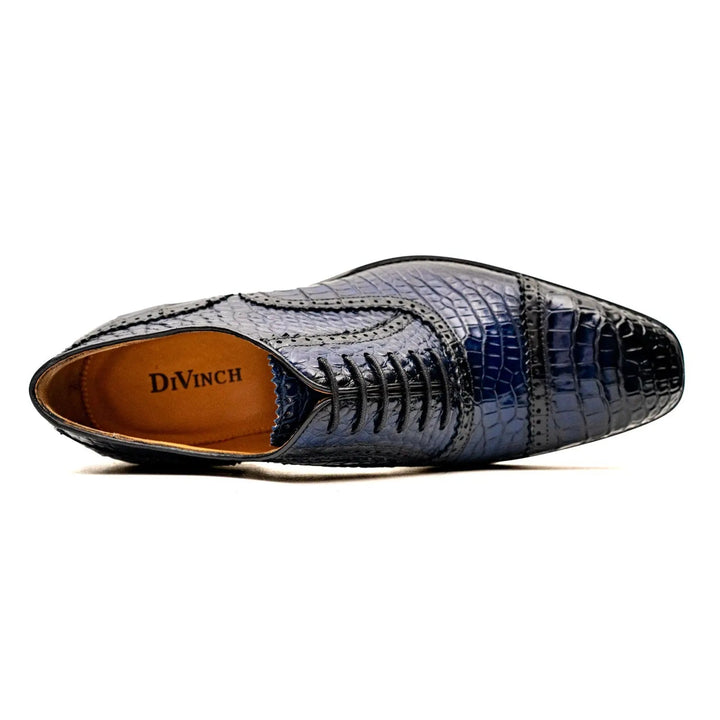 Blue Cap-Toe Crocodile Leather Oxford Shoes