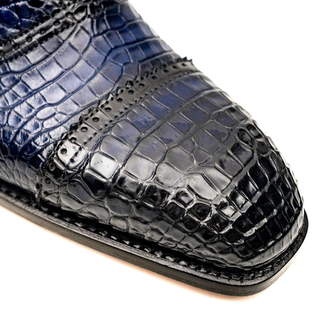 Blue Cap-Toe Crocodile Leather Oxford Shoes
