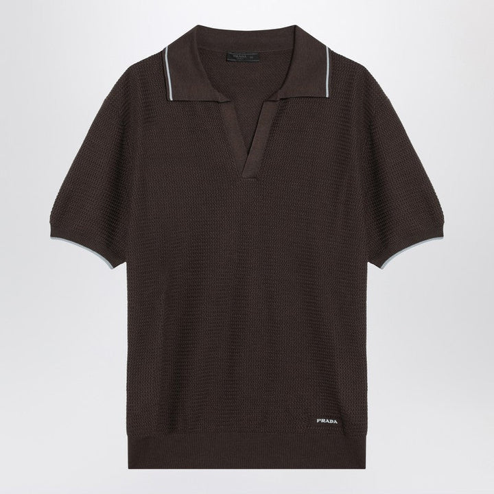 Prada Short-Sleeved Polo In Brown Silk Blend Men