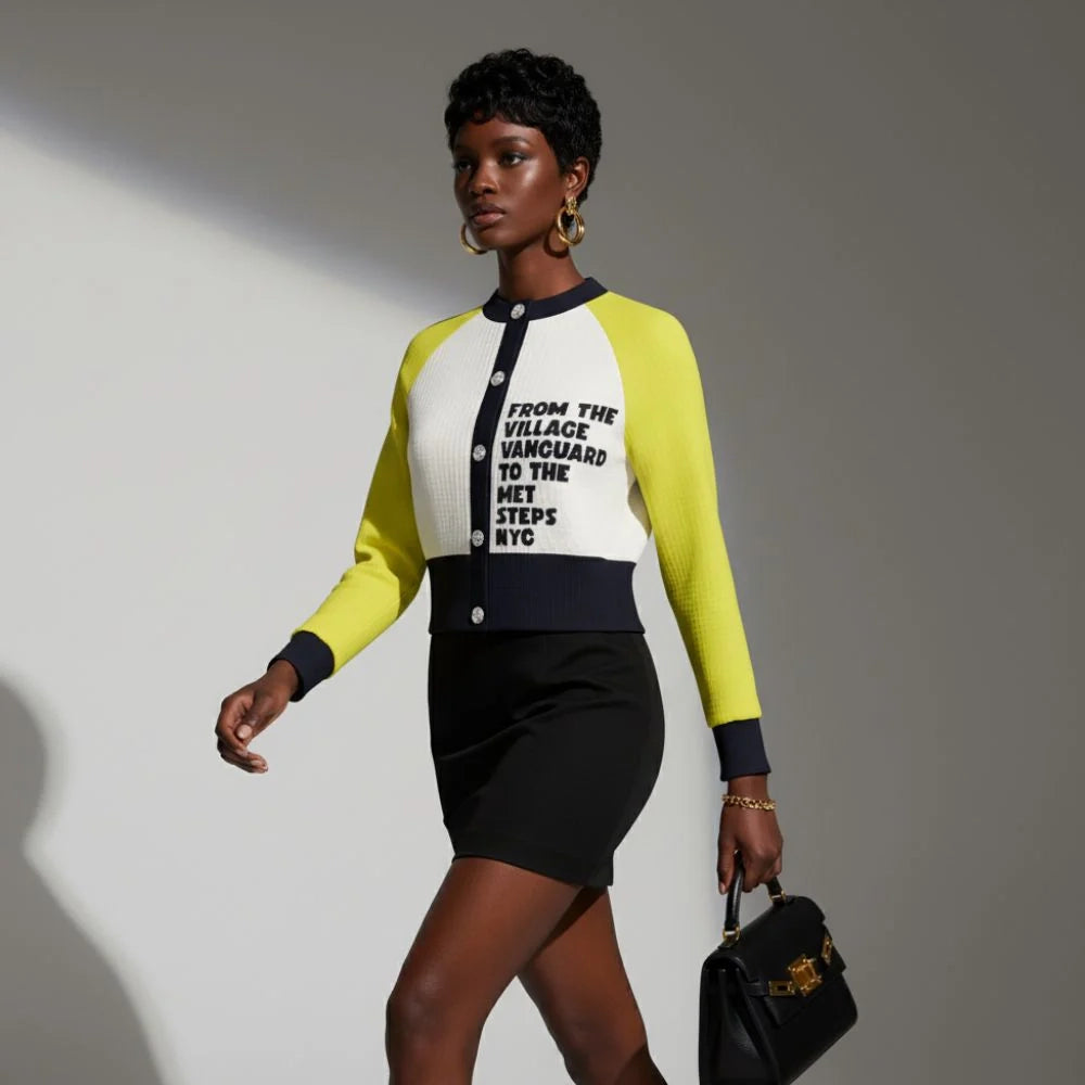 Woman wearing a colorful jacket with text, holding a handbag against a gray background