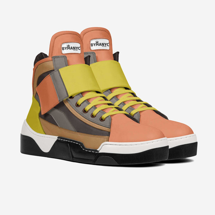 Colorful high-top sneakers with a visible brand logo on a white background