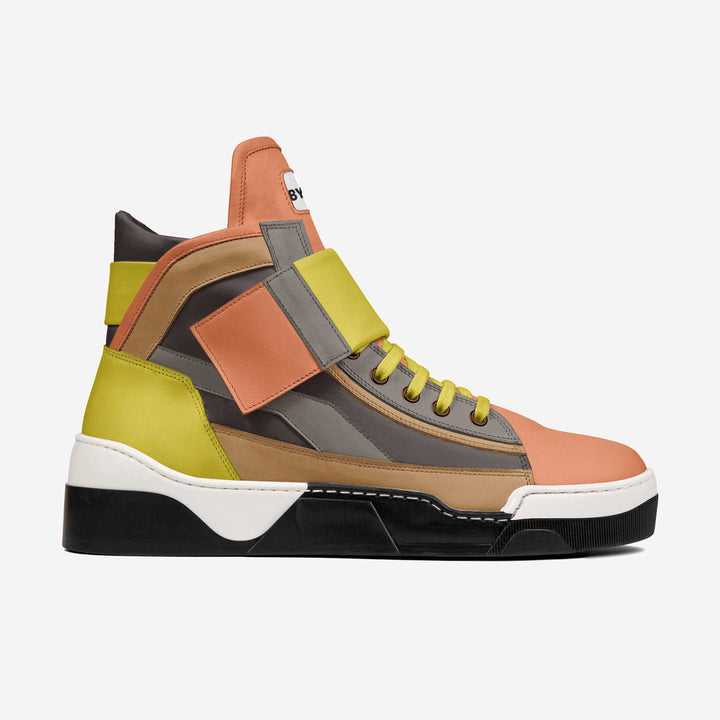 Multicolored high-top sneaker on a white background