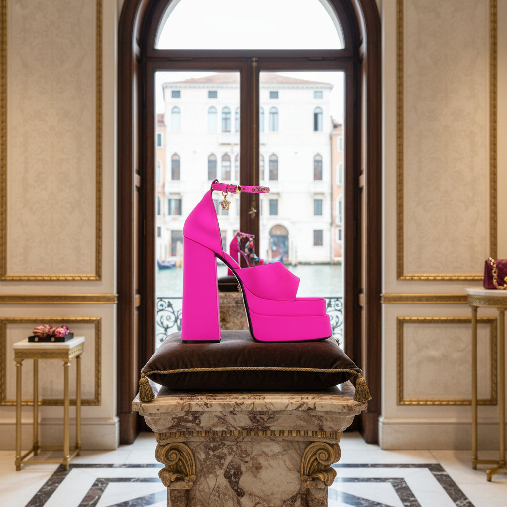 Pink high-heeled shoe on a black cushion in an elegant room with a window view.