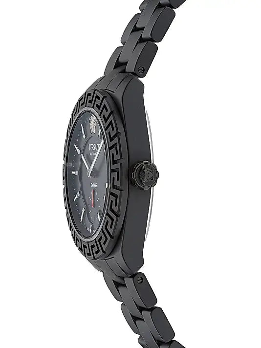 Black watch with detailed face and chain strap on a white background