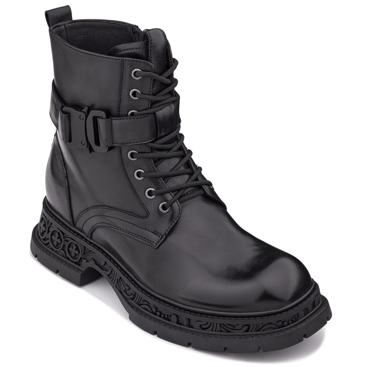 TOTO - W0661 - 3.2 Inches Taller (Black) - Chunky Sole Biker Style High Top Zipper Boot