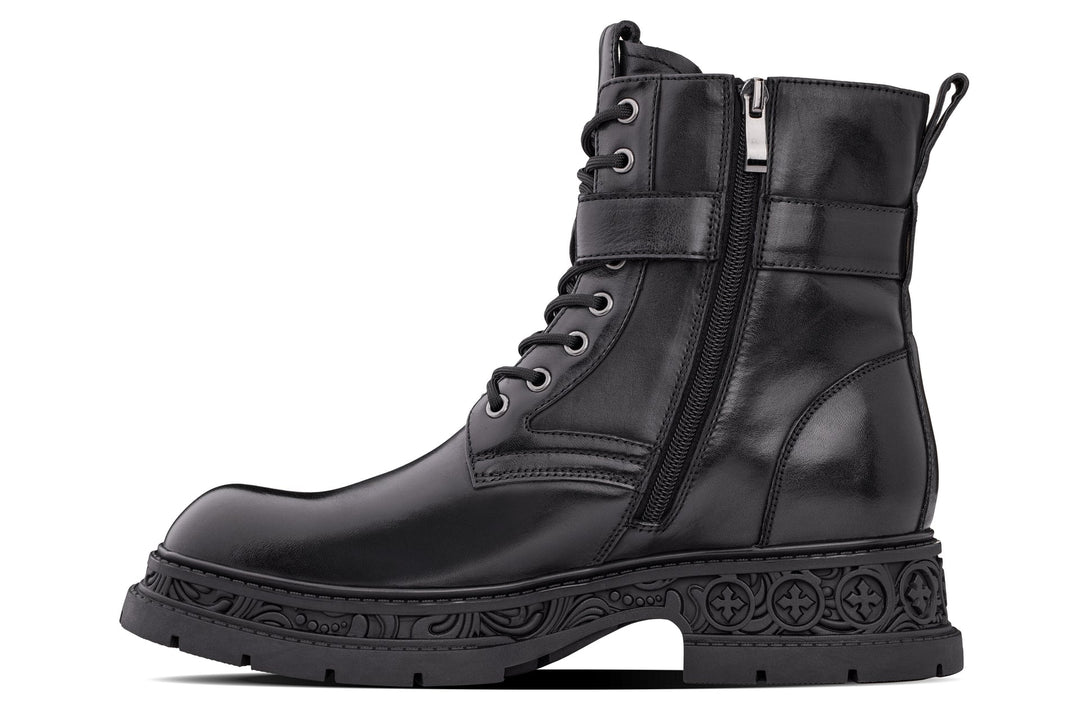 TOTO - W0661 - 3.2 Inches Taller (Black) - Chunky Sole Biker Style High Top Zipper Boot
