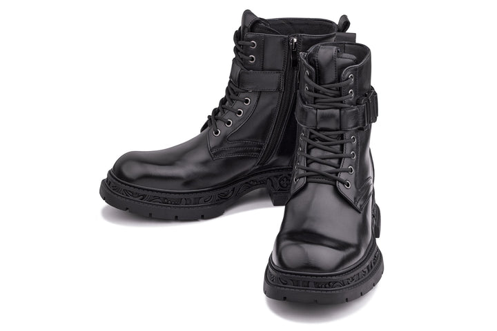 TOTO - W0661 - 3.2 Inches Taller (Black) - Chunky Sole Biker Style High Top Zipper Boot