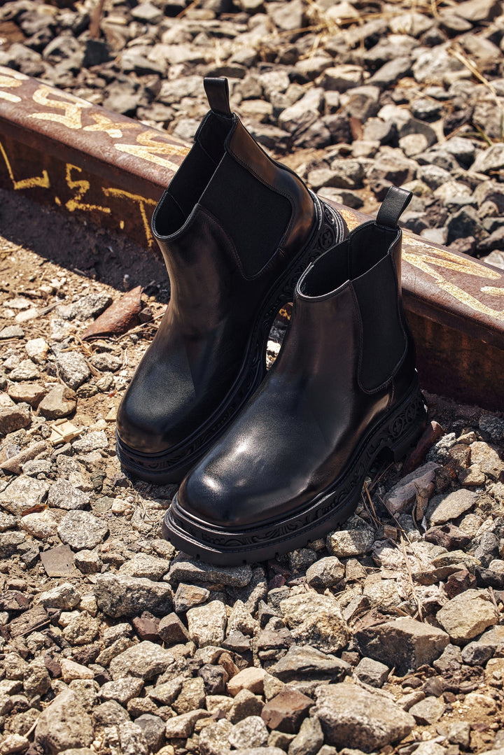 TOTO - W0662 - 3.2 Inches Taller (Black) - Chunky Sole Chelsea High Top Ankle Boot
