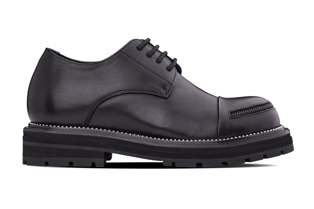 TOTO - W0982 - 3.3 Inches Taller (Black) - Low Top Chunky Sole Cap-Toe Casual Derbies