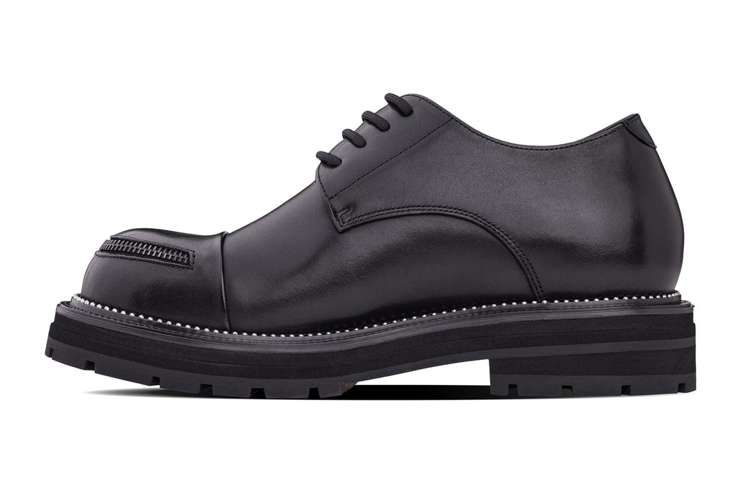 TOTO - W0982 - 3.3 Inches Taller (Black) - Low Top Chunky Sole Cap-Toe Casual Derbies