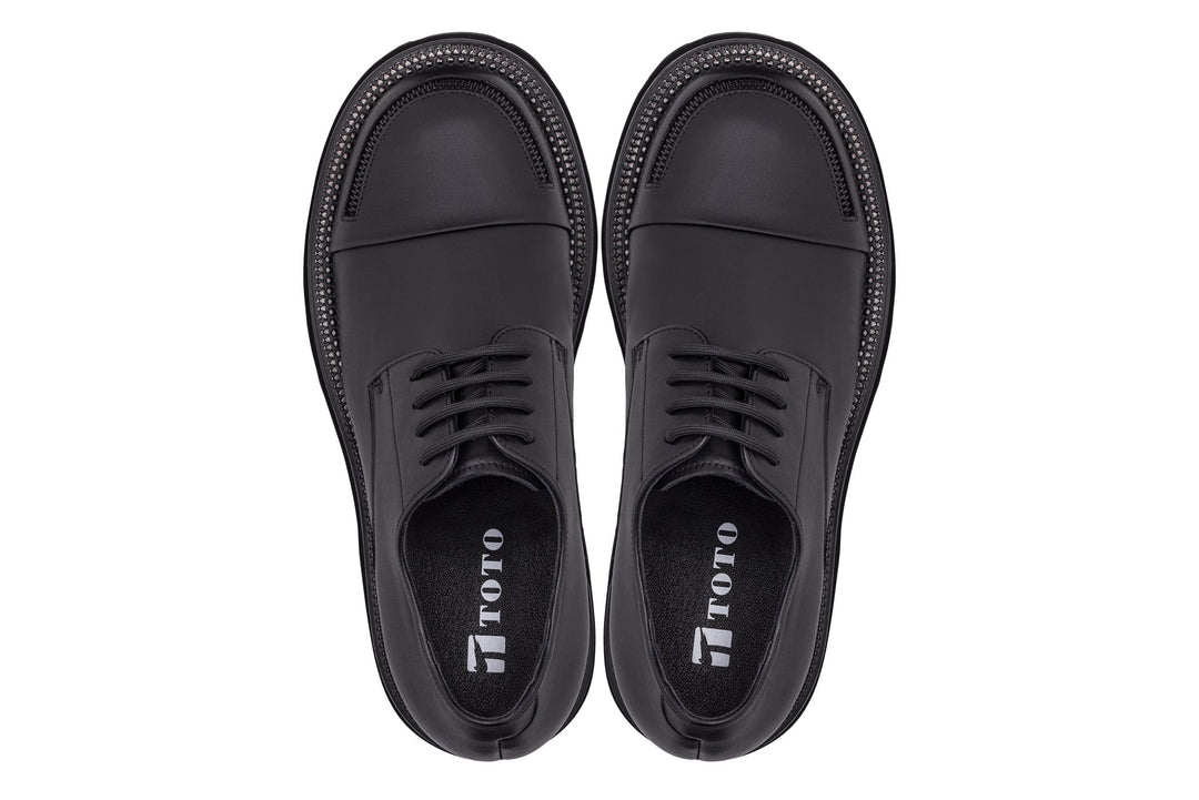 TOTO - W0982 - 3.3 Inches Taller (Black) - Low Top Chunky Sole Cap-Toe Casual Derbies