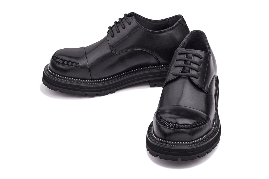 TOTO - W0982 - 3.3 Inches Taller (Black) - Low Top Chunky Sole Cap-Toe Casual Derbies