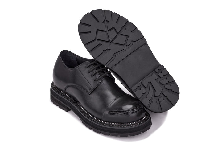 TOTO - W0982 - 3.3 Inches Taller (Black) - Low Top Chunky Sole Cap-Toe Casual Derbies