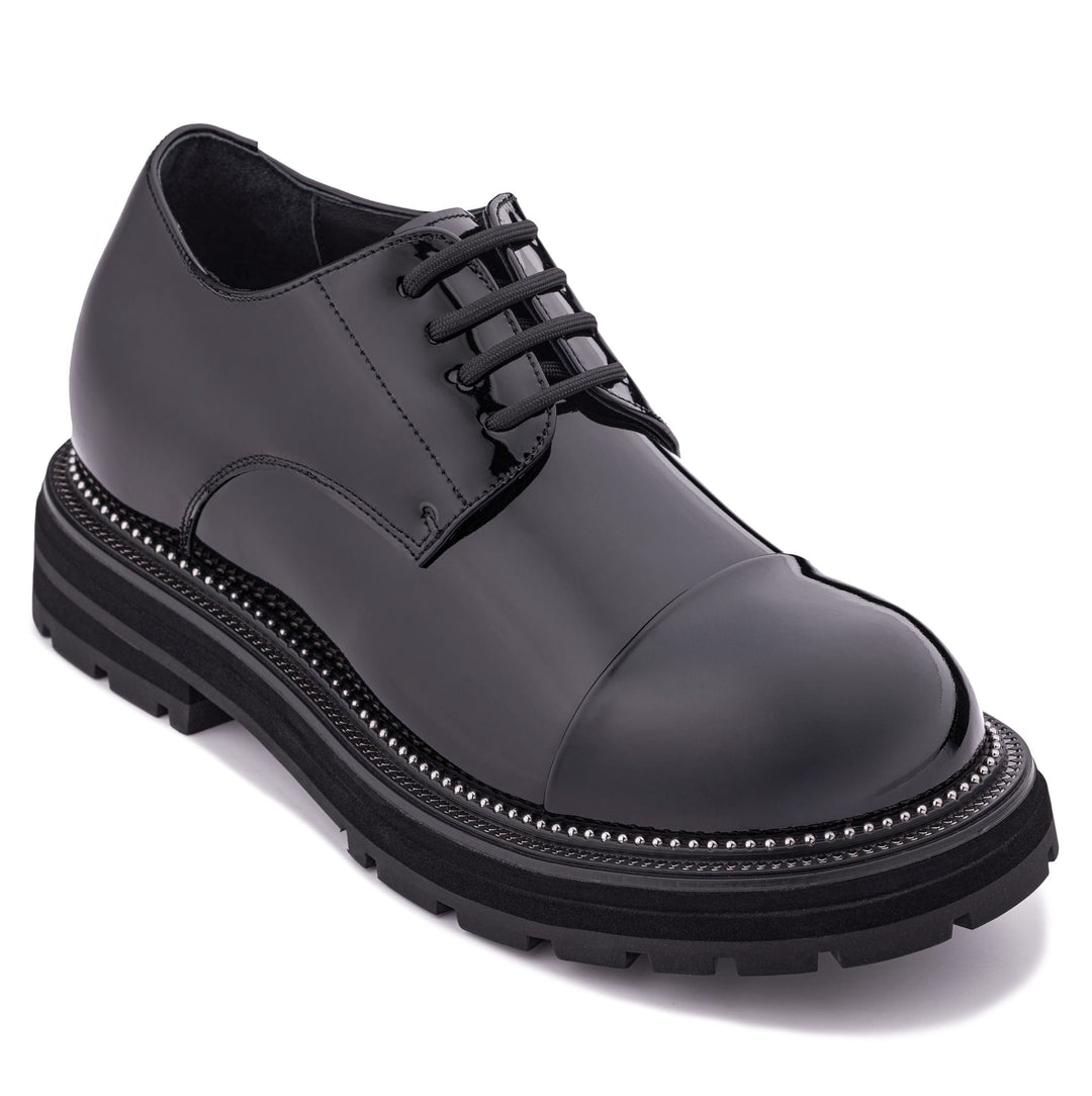 TOTO - W0983 - 3.3 Inches Taller (Black Patent Leather) - Low Top Chunky Sole Cap-Toe Casual Derbies
