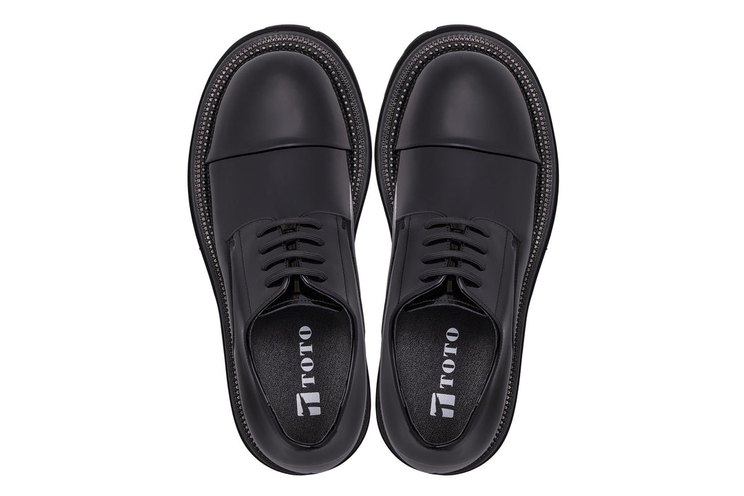 TOTO - W0983 - 3.3 Inches Taller (Black Patent Leather) - Low Top Chunky Sole Cap-Toe Casual Derbies