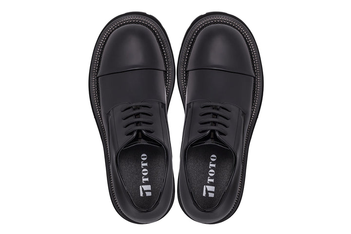 TOTO - W0983 - 3.3 Inches Taller (Black Patent Leather) - Low Top Chunky Sole Cap-Toe Casual Derbies
