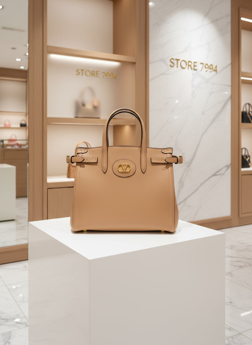 Tan handbag with a logo on a white background