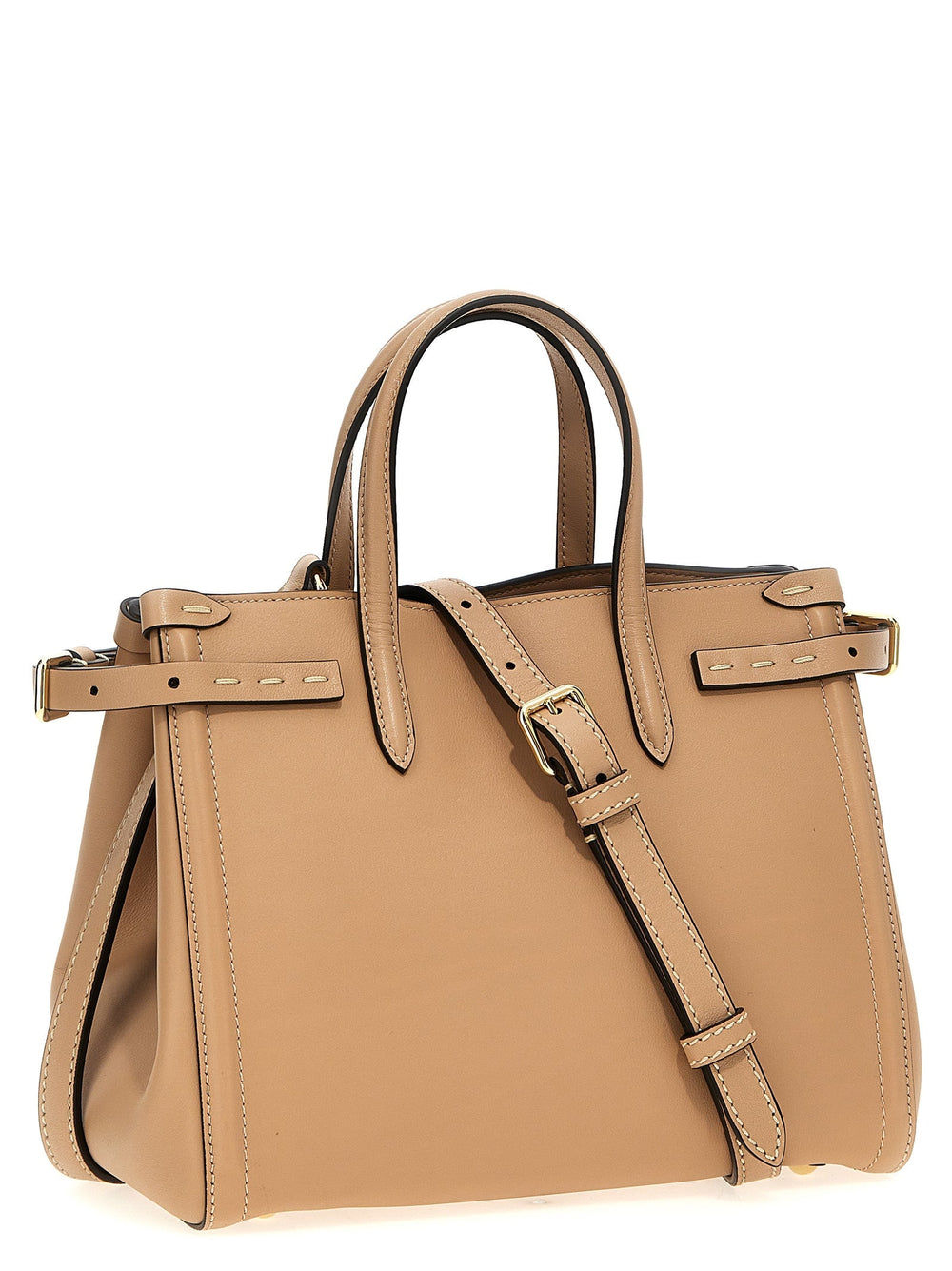 Beige handbag with a shoulder strap on a white background