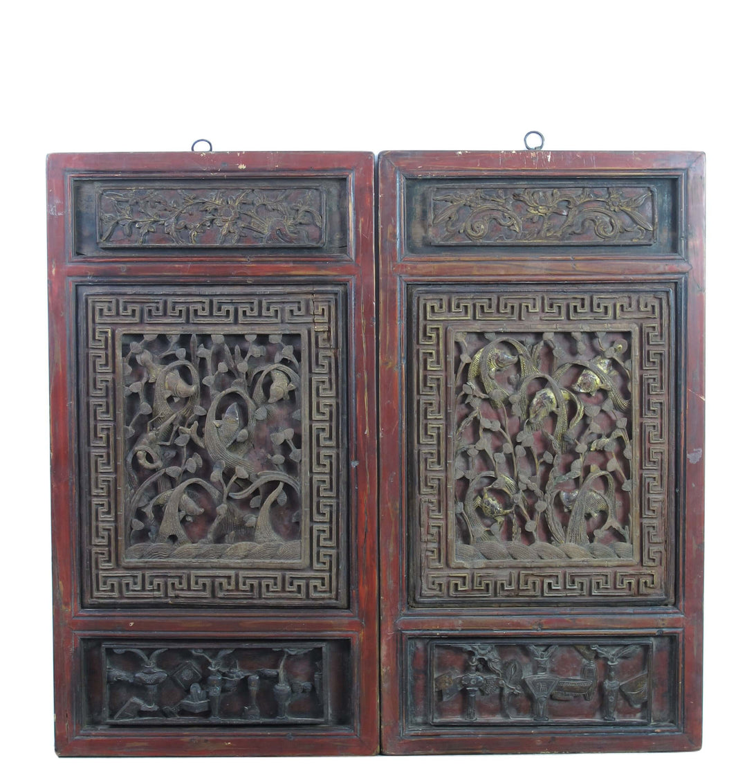 Pair of Hand Carved Antique Chinese Wall Hanging Panel