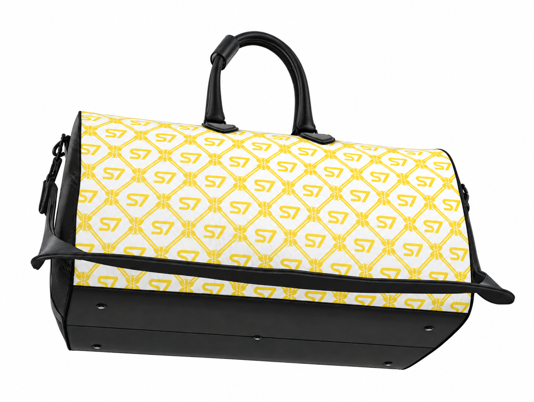 S7 Riviera Soleil duffle bag featuring bright yellow S7 monograms and ornate diamond lattice on a white background.