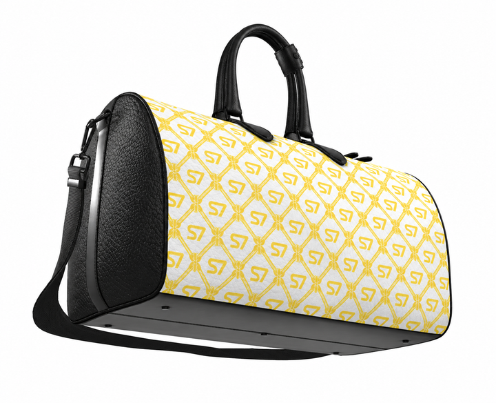 S7 Riviera Soleil duffle bag featuring bright yellow S7 monograms and ornate diamond lattice on a white background.