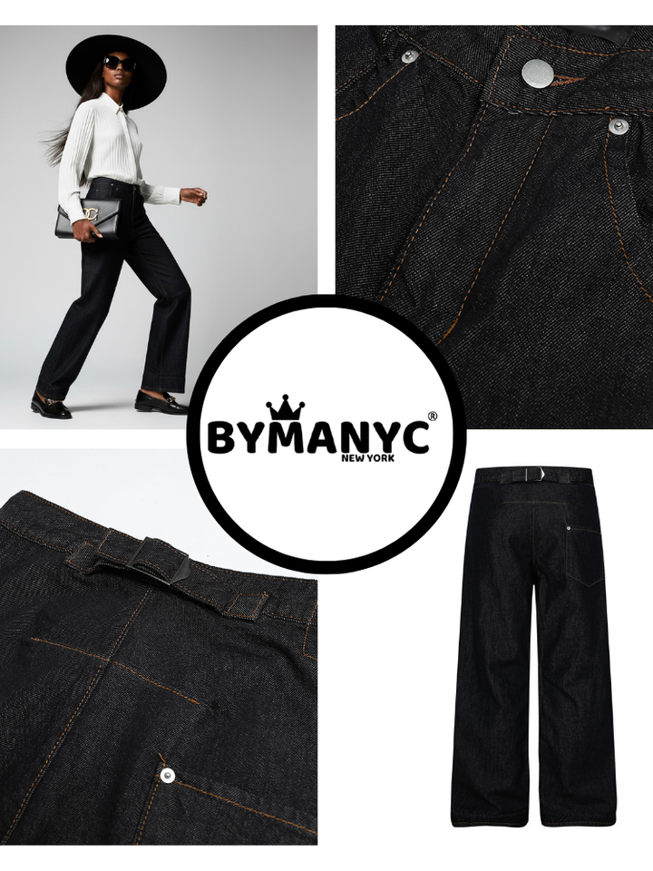 Wide-Leg Denim Trousers with Back Buckle Detail • BYMANYC ® New York