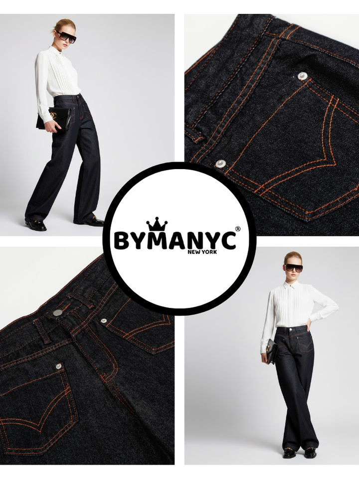 Wide-Leg Denim Trousers with Inverted Pocket Design • BYMANYC ® New York