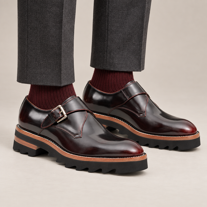 Wine Red Cow Leather Monk Shoes