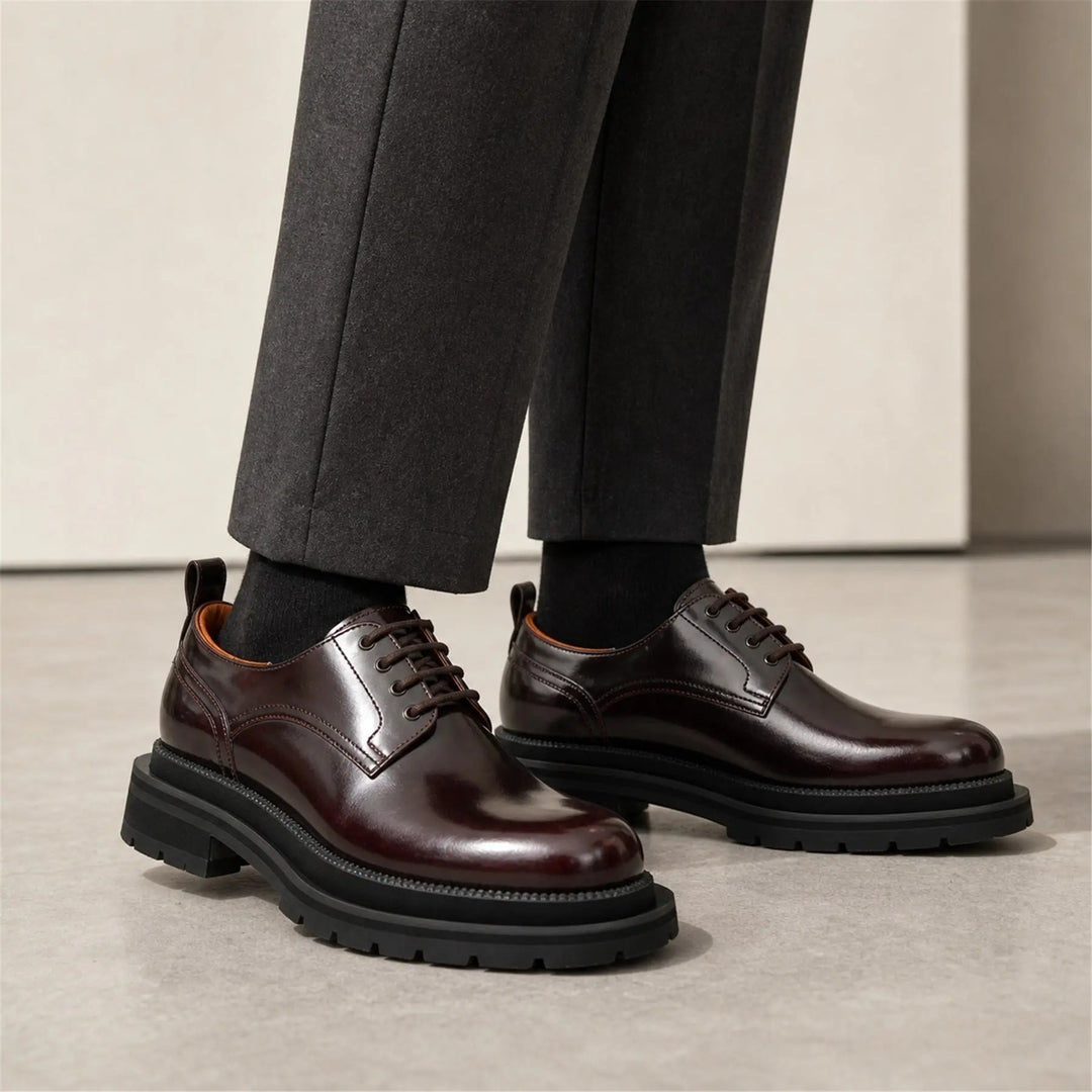 Burgundy Plain-Toe Calf Leather Derby Shoes