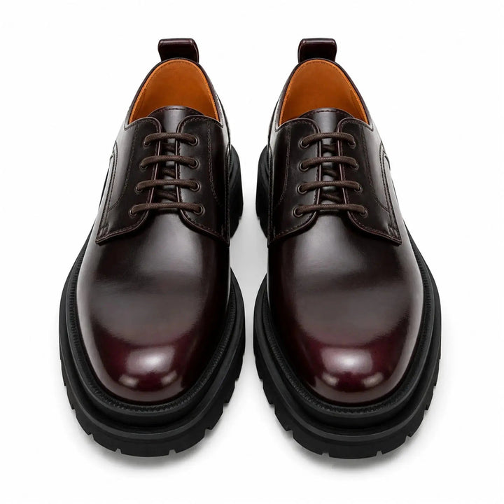Burgundy Plain-Toe Calf Leather Derby Shoes