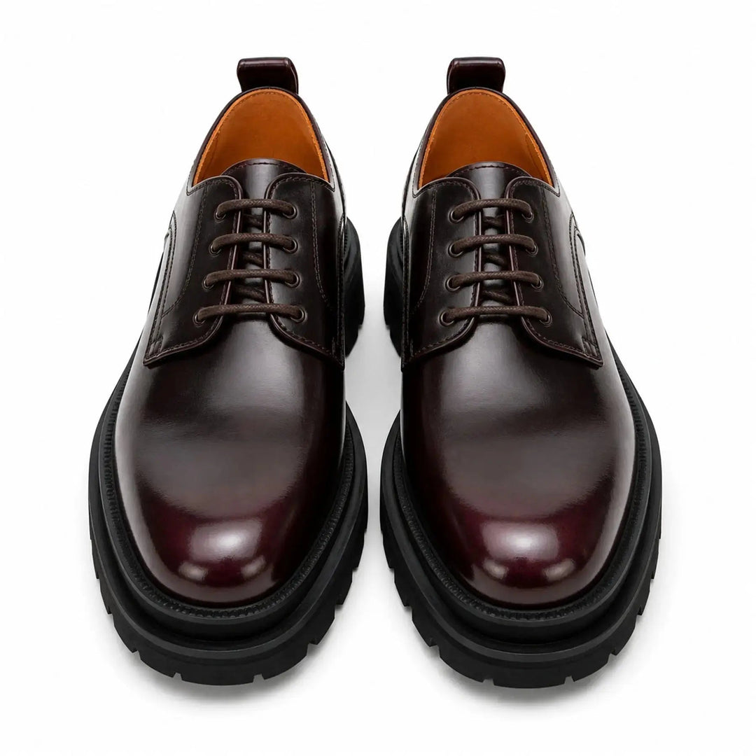 Burgundy Plain-Toe Calf Leather Derby Shoes