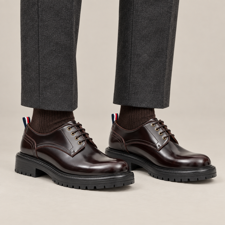 Wine Red Plain-Toe Cow Leather Derby Shoes
