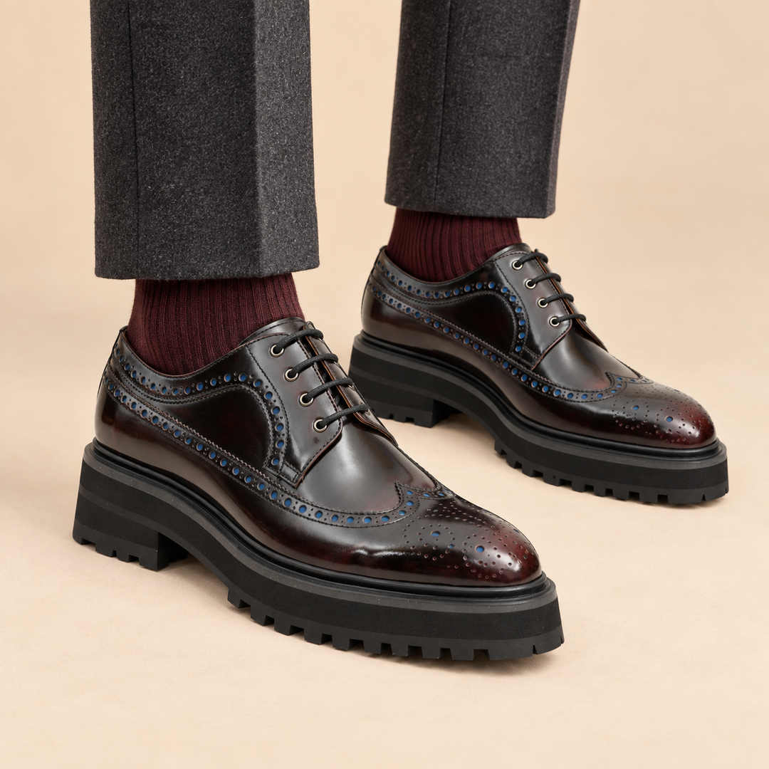 Wine Red Wingtip Calf Leather Derby Shoes