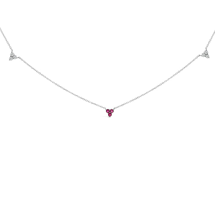 14K White Gold 1/5 Cttw Diamond and Ruby Tri Station Necklace