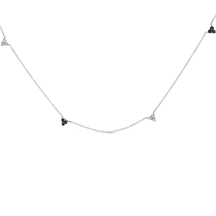 14K White Gold 1/5 Cttw Diamond and Sapphire Trio Cluster Station Necklace