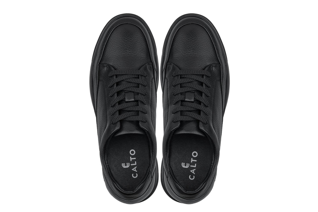 CALTO - Y7111 - 2.6 Inches Taller (Black) - Elevated Pebble Grain Leather Sneakers