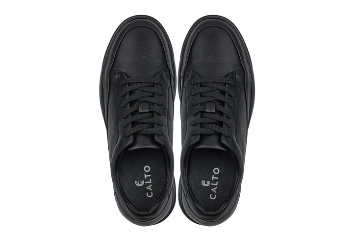 CALTO - Y7111 - 2.6 Inches Taller (Black) - Elevated Pebble Grain Leather Sneakers