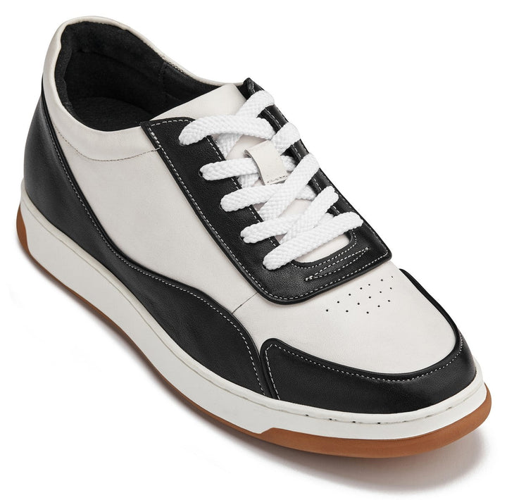 CALTO - Y7884 - 2.6 Inches Taller (Black/White/White &amp; Gum Sole) - Elevated Leather Sneakers