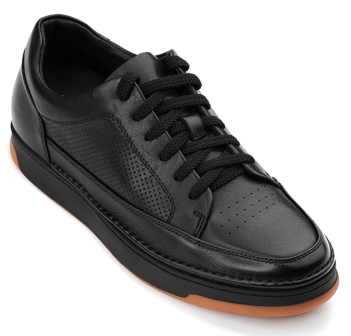 CALTO - Y7931 - 2.6 Inches Taller (Noir/Black &amp; Gum Sole) - Elevated Leather Micro-Perforated Sneakers