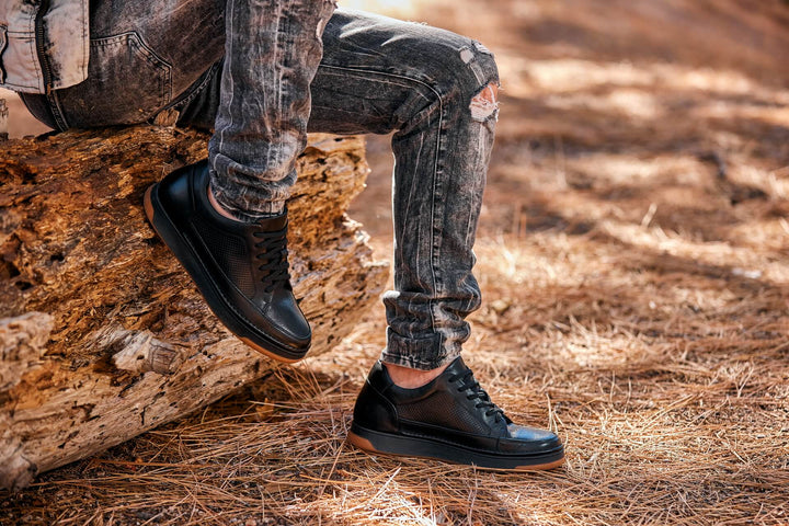 CALTO - Y7931 - 2.6 Inches Taller (Noir/Black &amp; Gum Sole) - Elevated Leather Micro-Perforated Sneakers