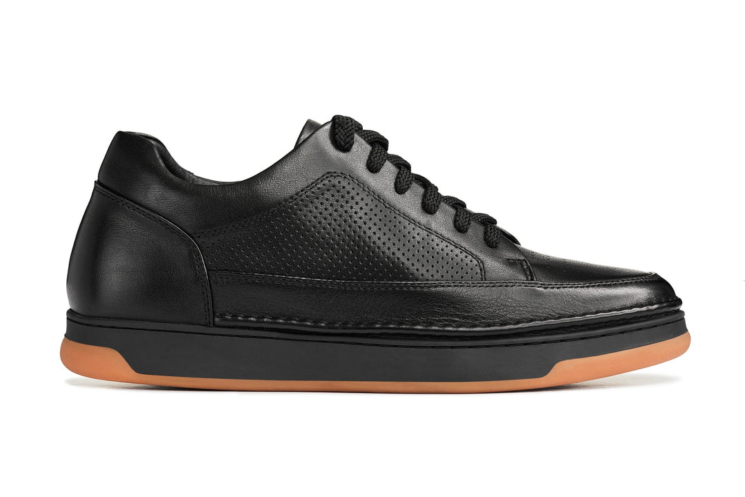 CALTO - Y7931 - 2.6 Inches Taller (Noir/Black &amp; Gum Sole) - Elevated Leather Micro-Perforated Sneakers
